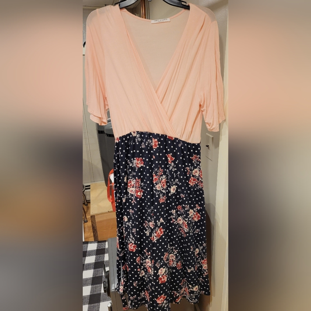 Nwot Floral Pink and Navy Polka Dot Dress
